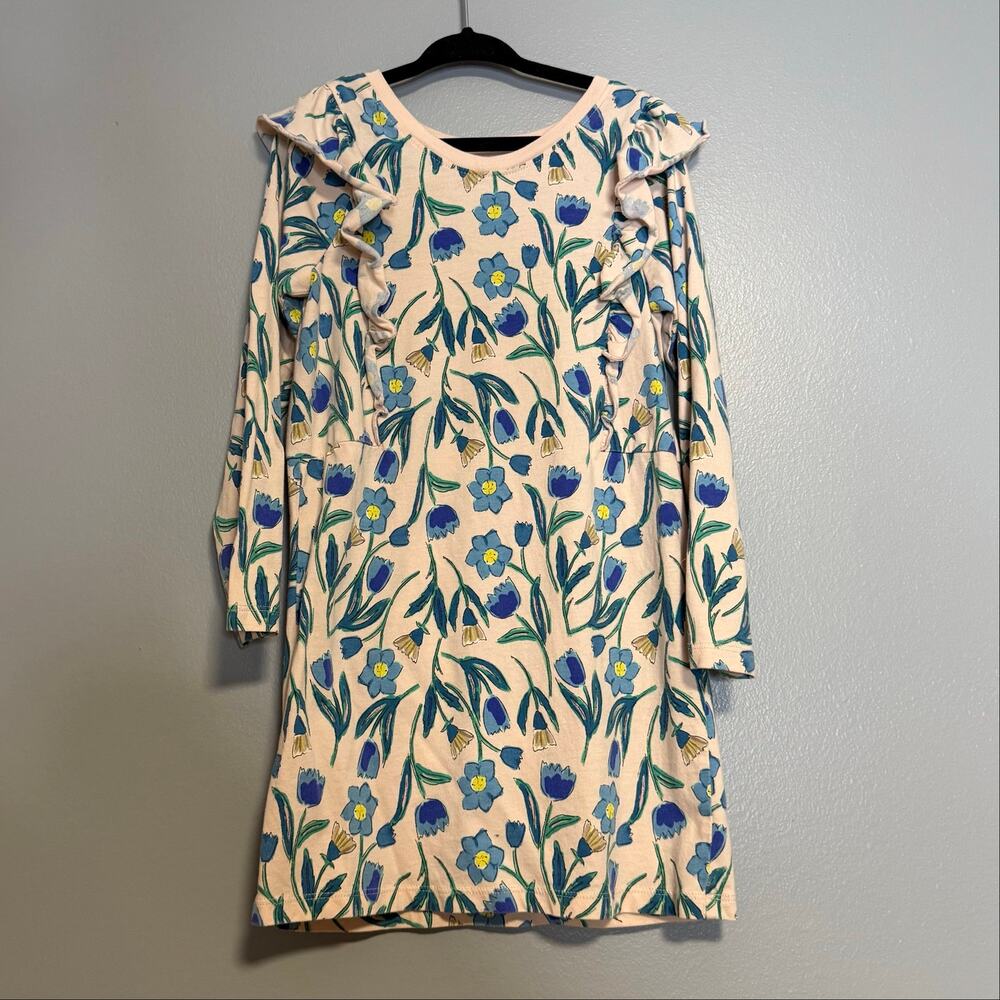 Tea Collection Pink Blue Floral Cotton Long Sleeve Ruffle A-line Dress 5